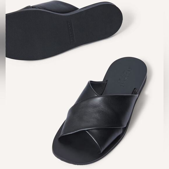 Everlane Day Crossover Sandal Black Leather Flat Slide Size 7 New Comfortable - Picture 2 of 7